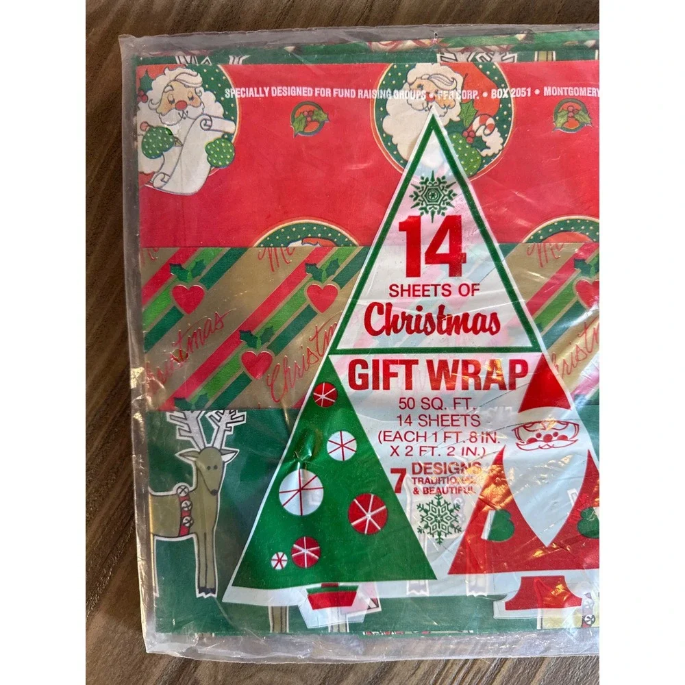 VTG 1960s FFR Corp Christmas Gift Wrap 14 Sheets New 7 Designs 50SF Sealed USA